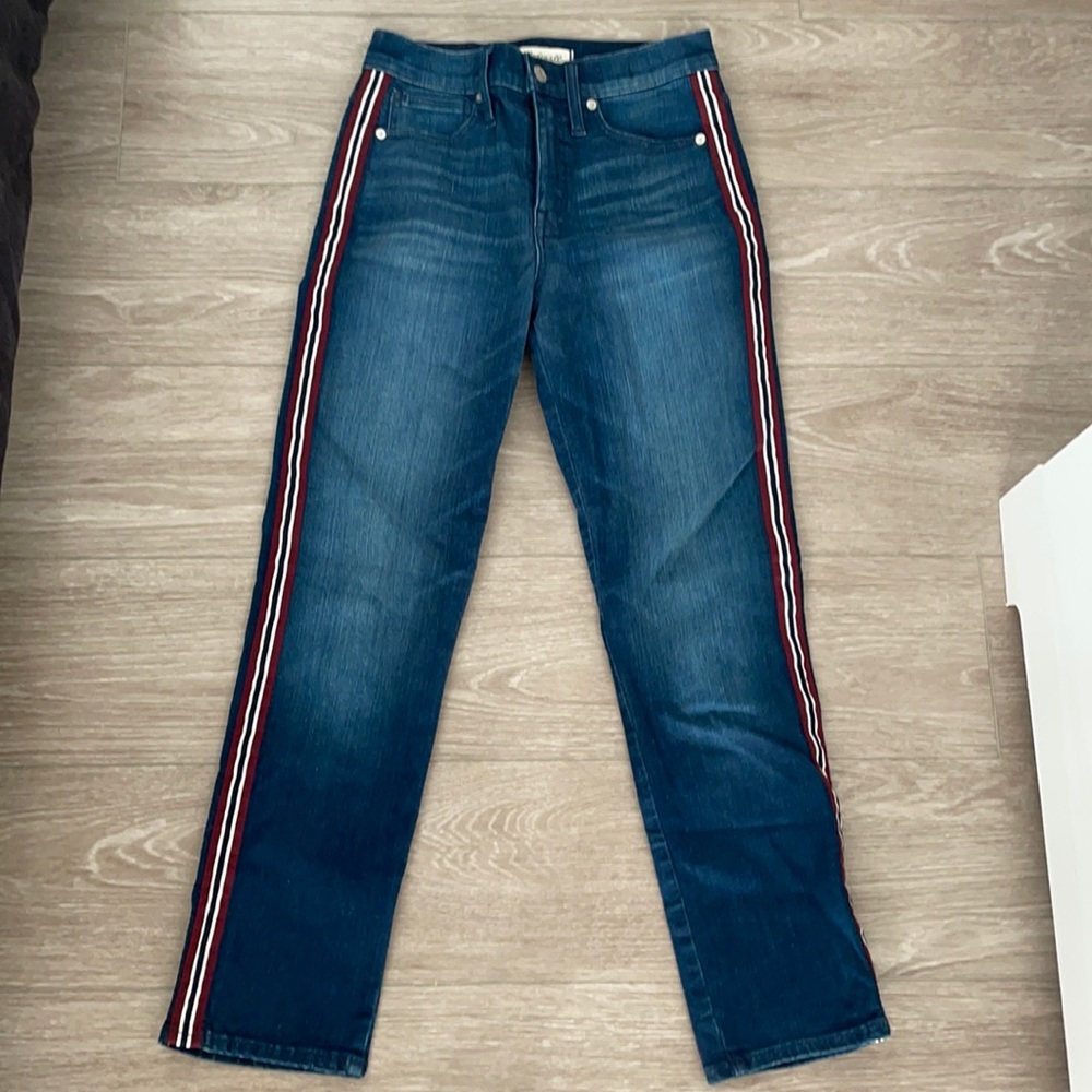 Madewell stovepipe ankle jean w/ red/white stripe
